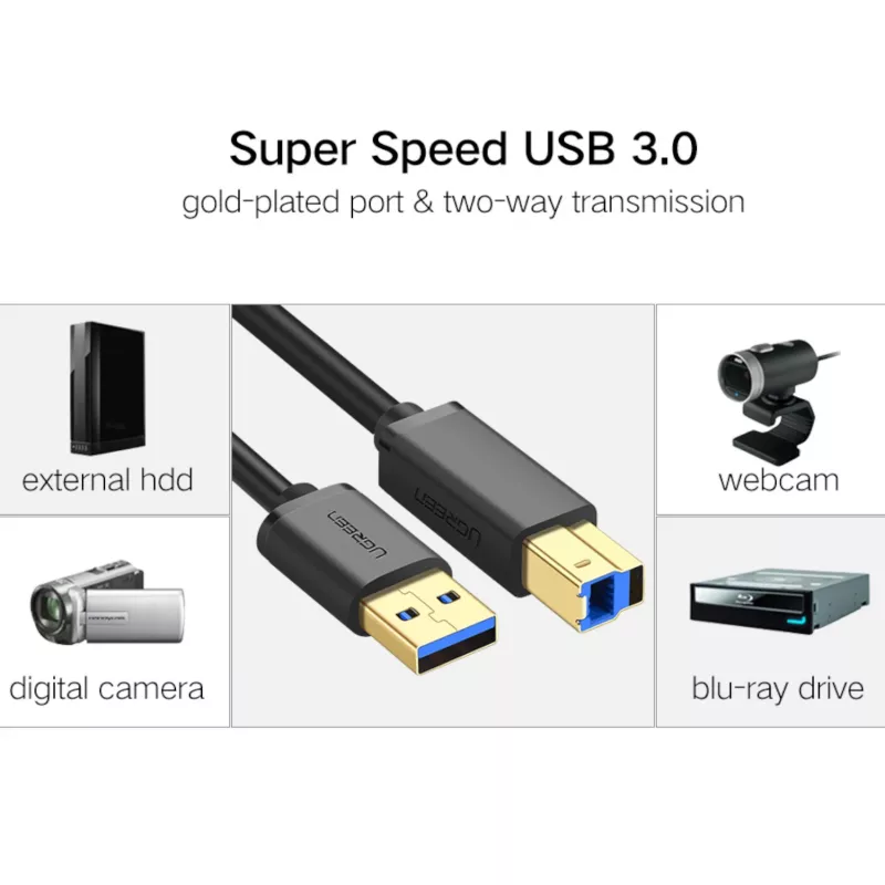 UGREEN US210 USB 3.0 A-B kaabel, 2m, must