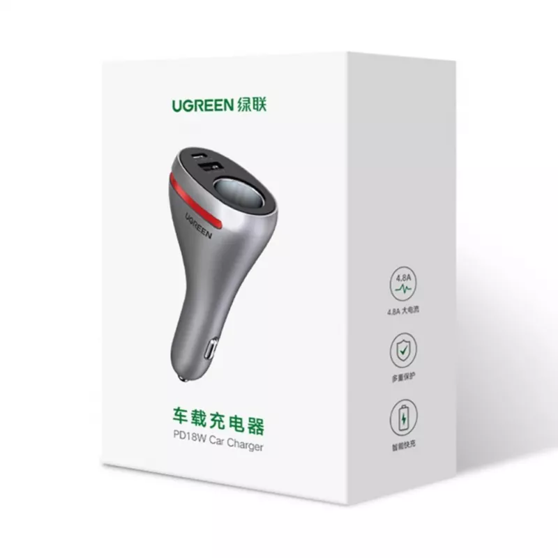 UGREEN USB Type C / USB QC PD 24W Autolaadija 12V sigaretisüütaja pistikupesaga Hõbedane (CD204)