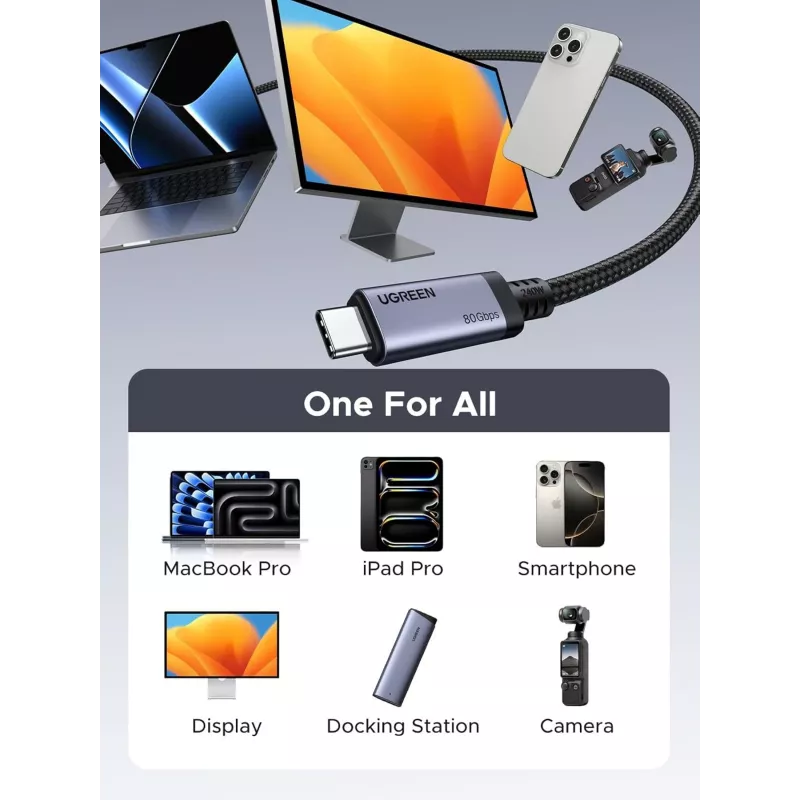 UGREEN USB4 USB-C – USB-C kaabel 240W 40Gbps 16K@60Hz 80Gbps Thunderbolt 4 ühilduv 1m nailonist punutud