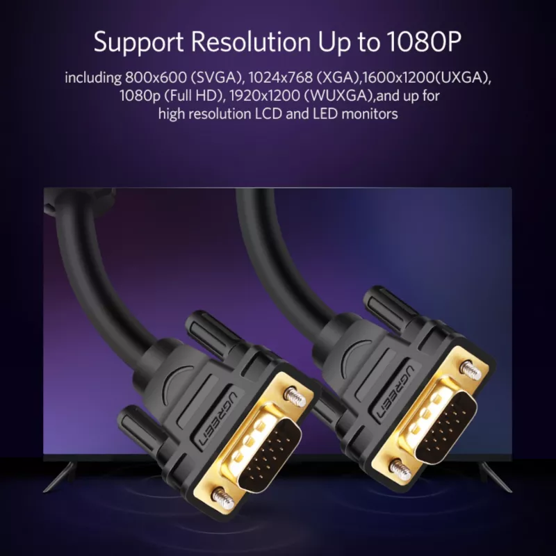 UGREEN VG101 VGA isane-isane kaabel 3M – kullatud, kahekordse ferriitsüdamikuga, Full HD 1080p