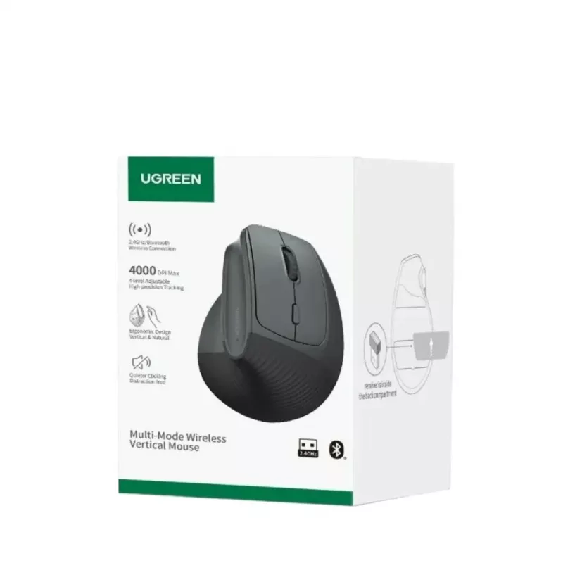 UGREEN juhtmevaba vertikaalne hiir must 2.4GHz ergonoomiline vaikse klõpsuga 2400 DPI