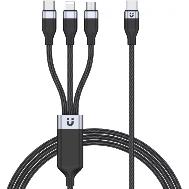 UNITEK 3-in-1 USB-A - Lightning, USB-C, Micro USB nailonpunutud laadimiskaabel 1,2m must