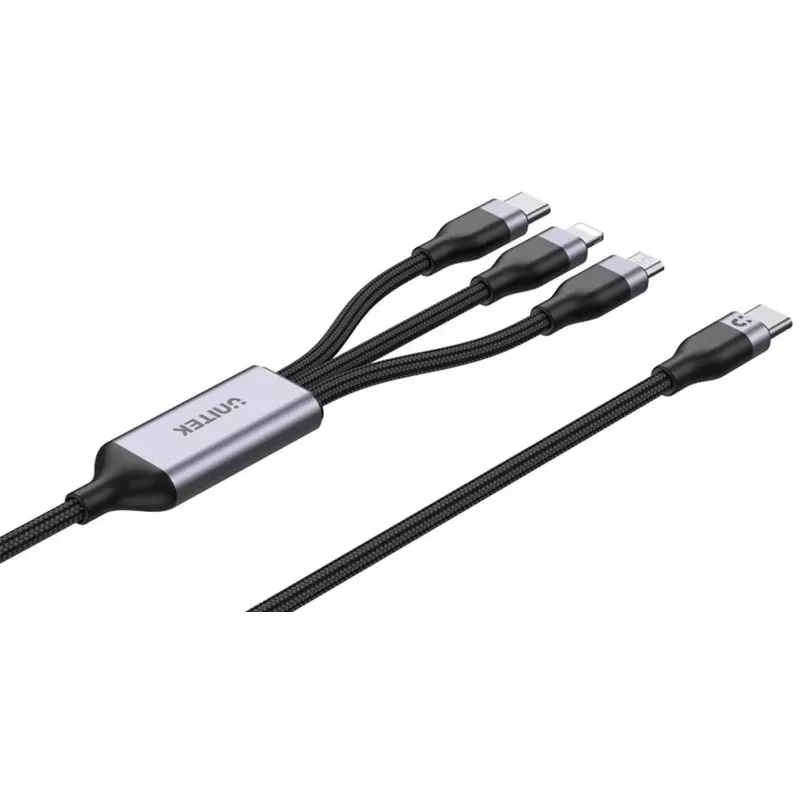 UNITEK 3-in-1 USB-A - Lightning, USB-C, Micro USB nailonpunutud laadimiskaabel 1,2m must