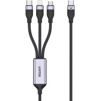 UNITEK 3-in-1 USB-A - Lightning, USB-C, Micro USB nailonpunutud laadimiskaabel 1,2m must