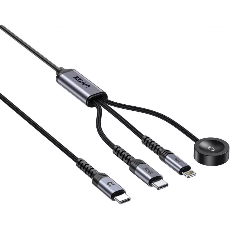 UNITEK 3-in-1 USB-C + Lightning + Apple Watch laadimiskaabel, 100W PD, 480 Mbps, 1,2 m, must