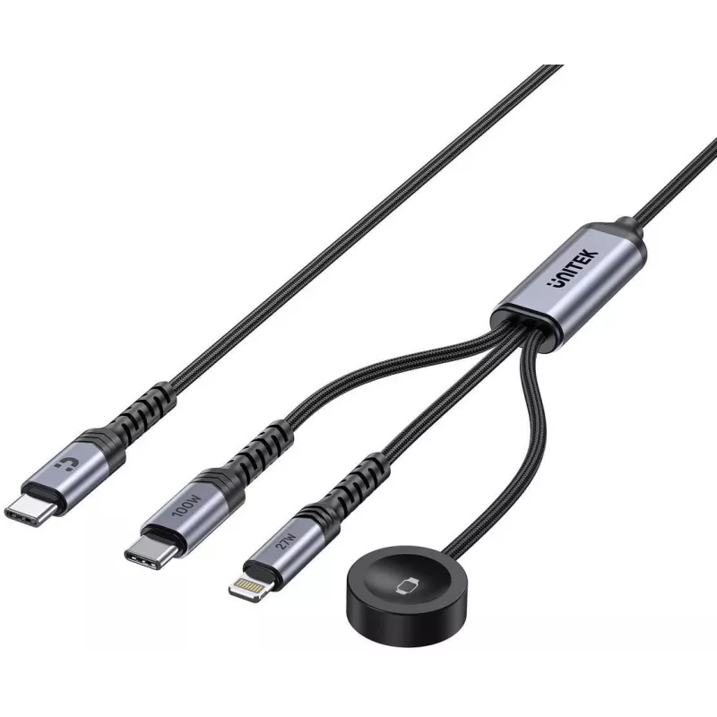 UNITEK 3-in-1 USB-C + Lightning + Apple Watch laadimiskaabel, 100W PD, 480 Mbps, 1,2 m, must