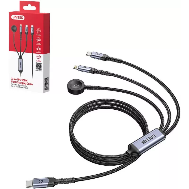 UNITEK 3-in-1 USB-C + Lightning + Apple Watch laadimiskaabel, 100W PD, 480 Mbps, 1,2 m, must