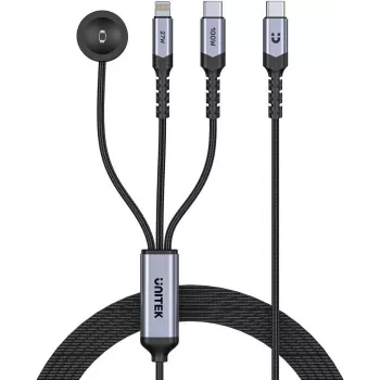 UNITEK 3-in-1 USB-C + Lightning + Apple Watch laadimiskaabel, 100W PD, 480 Mbps, 1,2 m, must