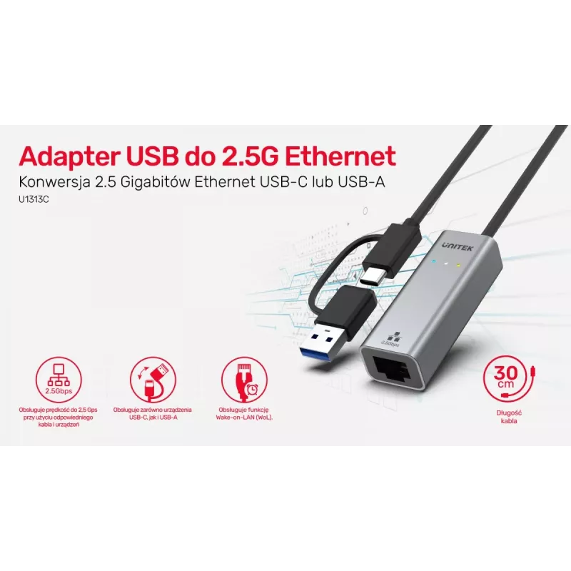 UNITEK USB-A/C 3.1 Gen 1 to RJ45 2.5 Gigabit Ethernet Adapter U1313C