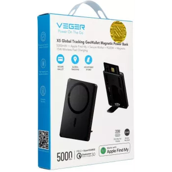 Veger GeoWallet Tracker X5 5000 mAh 20W PD QC 3.0 MFi MagSafe USB-C Power Bank - Must