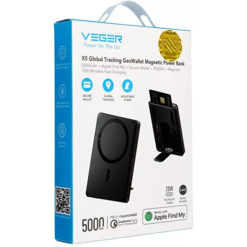 Veger GeoWallet Tracker X5 5000 mAh 20W PD QC 3.0 MFi MagSafe USB-C Power Bank - Must