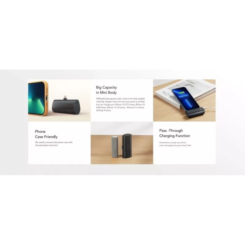 VEGER PlugOn Power Bank 5000 mAh 20W PD QC3.0 sisseehitatud Lightning-pistikuga must