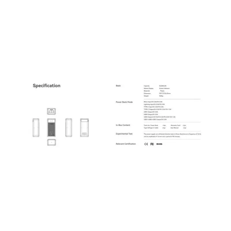 Veger Power Bank Tank Lite (W5001) PD QC3.0 5A 22.5W 50000 mAh Must