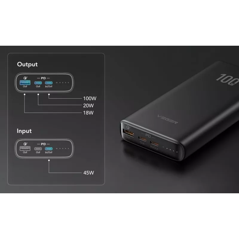 Veger Powerbank T100 (W2032C-100) PD QC3.0 5A 100W 20000 mAh Must