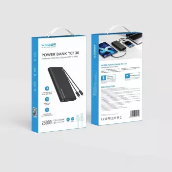 VEGER TCE130 130W PD akupank 25000mAh sisseehitatud USB-C ja Lightning kaablitega, must