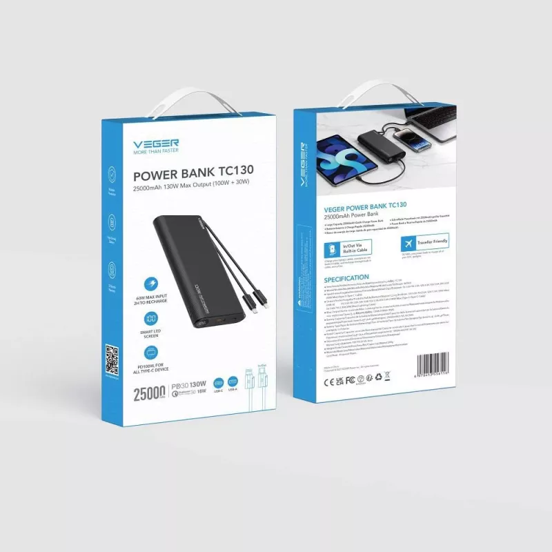 VEGER TCE130 130W PD akupank 25000mAh sisseehitatud USB-C ja Lightning kaablitega, must