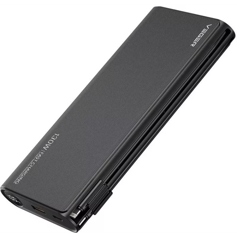 VEGER TCE130 130W PD akupank 25000mAh sisseehitatud USB-C ja Lightning kaablitega, must