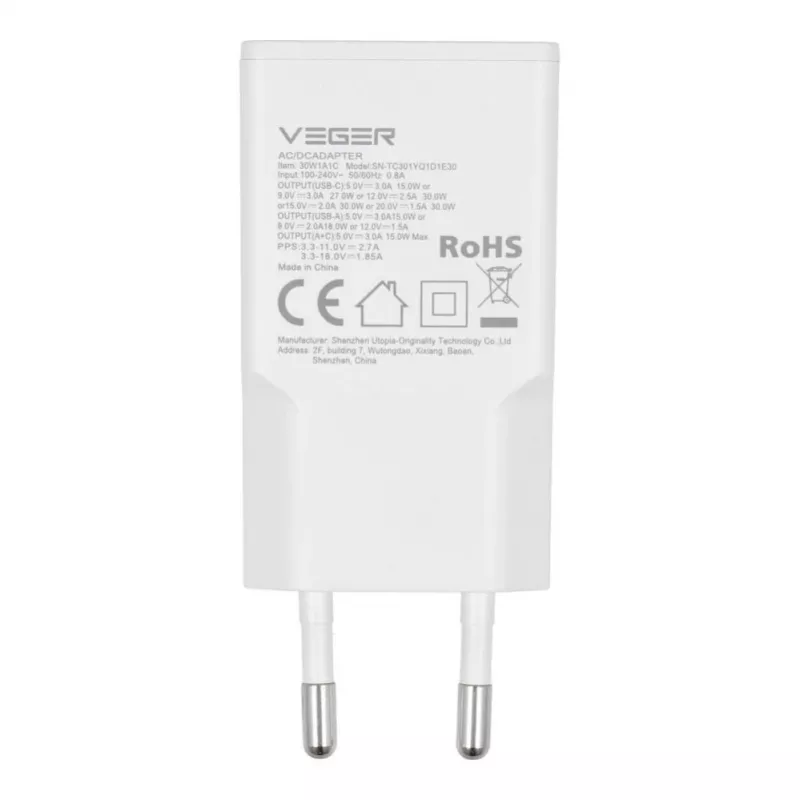 VEGER USB-A + USB-C QC PD 30W seinadapter 30W1A1C Valge