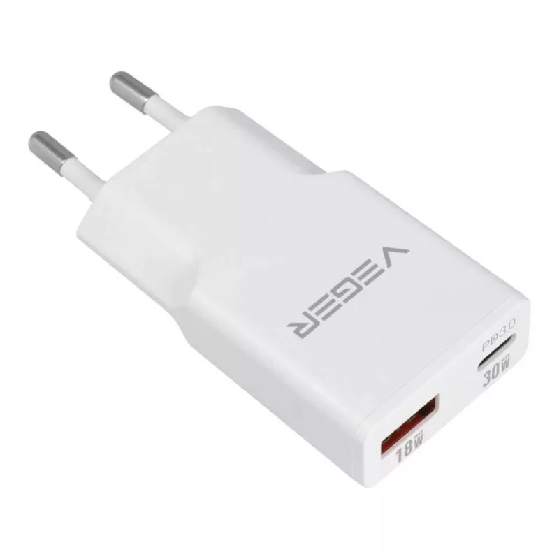 VEGER USB-A + USB-C QC PD 30W seinadapter 30W1A1C Valge