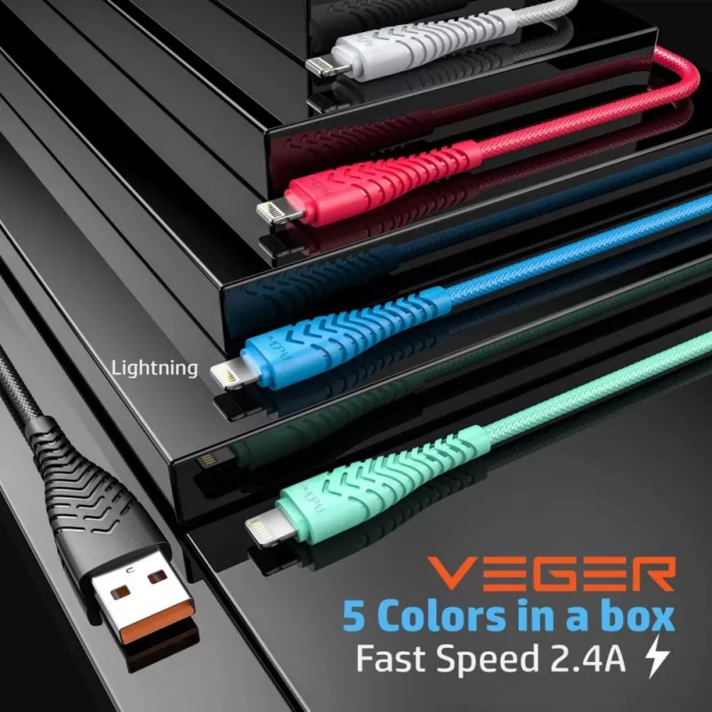 Veger V105 USB-A to Lightning kaabel 1,2 m must 2,4A laadimine ja sünkroonimine