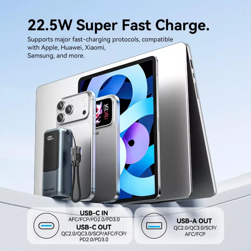 VENTION FKOH0 10000 mAh 22.5 W juhtmevaba powerbank USB-C PD & QC - must