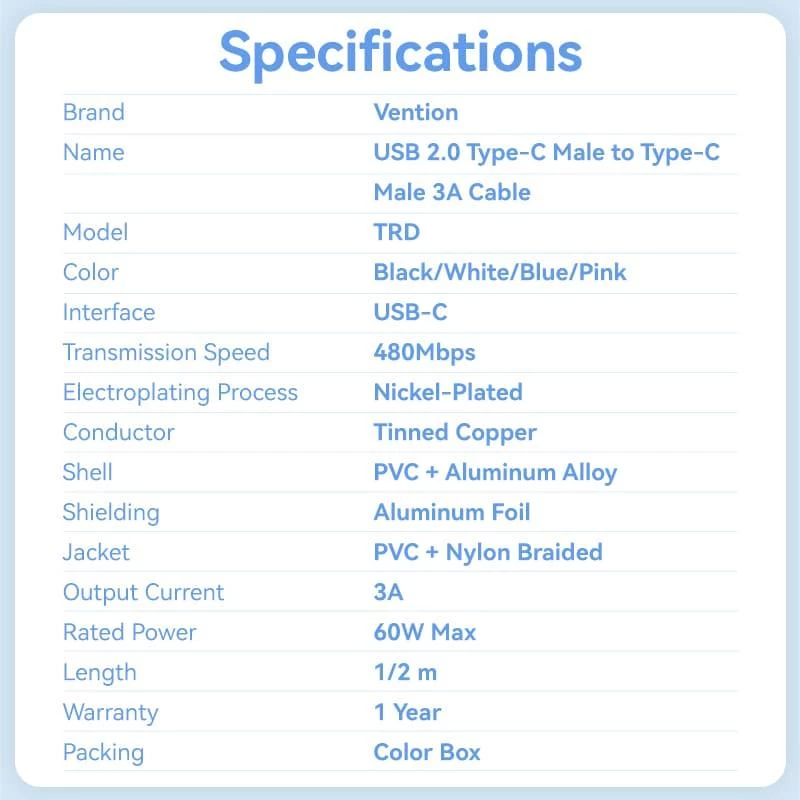 VENTION TRDBF USB-C to USB-C kaabel 1m must