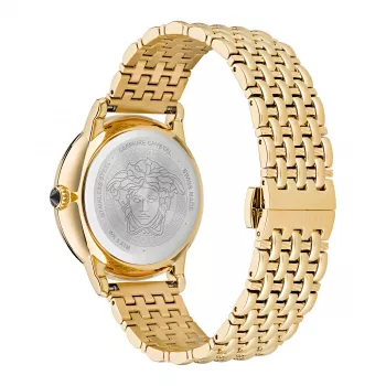 VERSACE V-Circle Unisex Šveitsi kvartskell 38mm roostevabast terasest musta numbrilaud ja nahkrihm VE6F00623