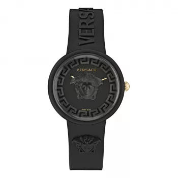 Versace V-Motif naiste Šveitsi kvartskell VE6G00223 39mm musta sihverplaadiga nahkrihm