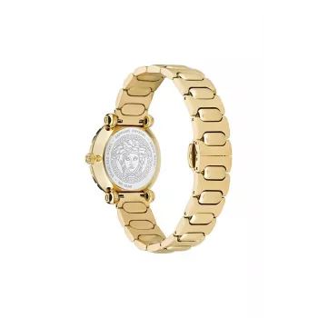 VERSACE V-Motif naiste Šveitsi kvartskell VE6I00523 35mm musta sihverplaadiga must nahkrihm