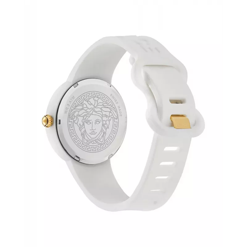 Versace naiste VE6G00123 Šveitsi kvartskell 39mm roostevabast terasest korpusega, musta nahkrihmaga ja hõbedase numbrilaudiga