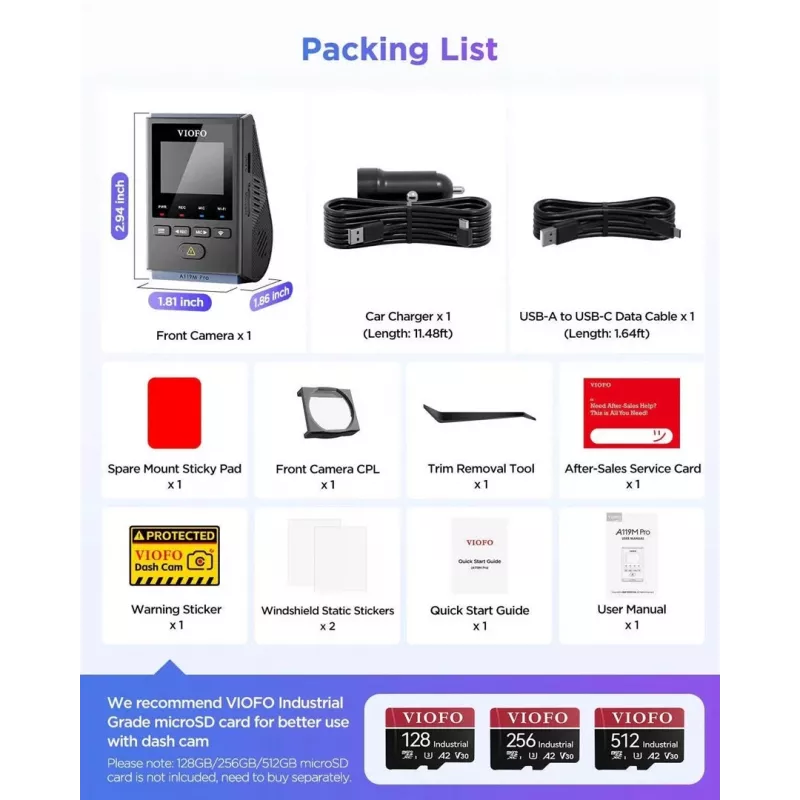 VIOFO A119M Pro 2K QHD sõidukaamera Sony STARVIS 2 IMX675, sisseehitatud GPS ja Wi-Fi, superkondensaator, 140° vaateväli, 1,5-tolline ekraan