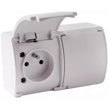 VIPLAST KOALA 162-01 Topelt pinnale paigaldatav pistikupesa maandusega ja kaanega, tüüp E 16A 250V, IP44 valge