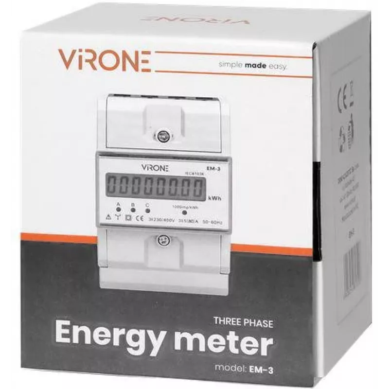 Virone EM-3 kolmefaasiline energiamõõtur, 80A, 3 moodulit, DIN-liist TH-35mm