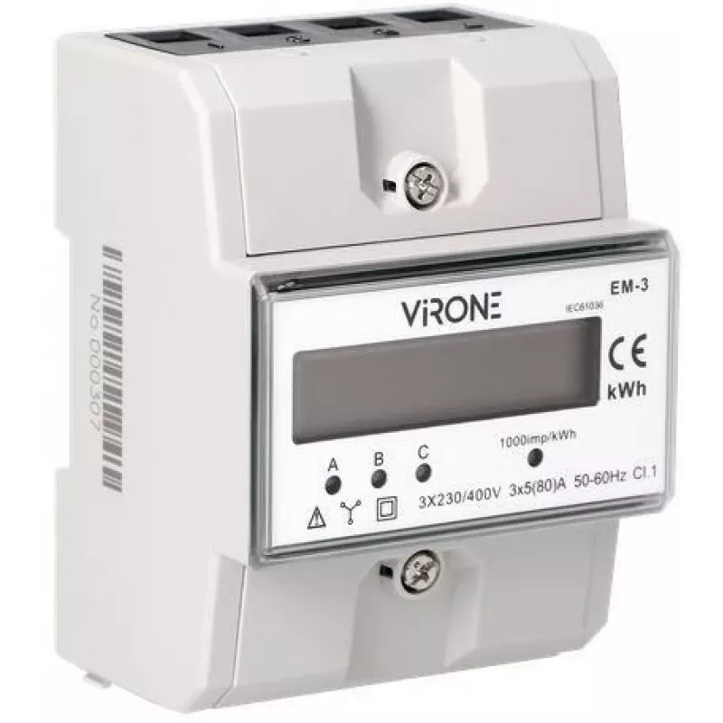 Virone EM-3 kolmefaasiline energiamõõtur, 80A, 3 moodulit, DIN-liist TH-35mm
