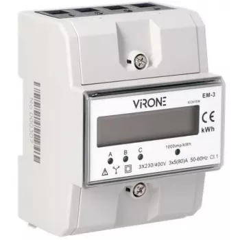 Virone EM-3 kolmefaasiline energiamõõtur, 80A, 3 moodulit, DIN-liist TH-35mm