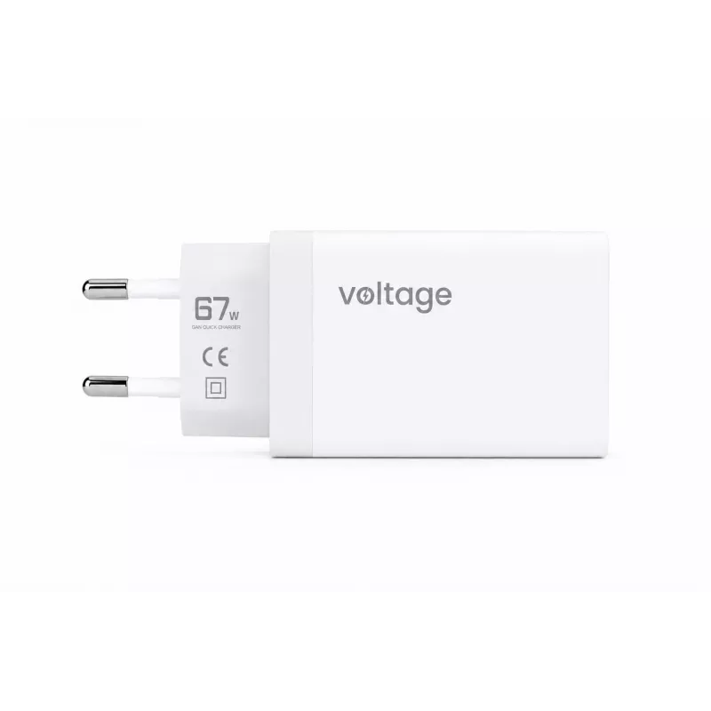 Voltage GaN 67W seinadapter, 2x USB-C ja 1x USB-A, PD 3.0, QC 3.0, PPS, EU-pistik, valge