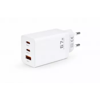 Voltage GaN 67W seinadapter, 2x USB-C ja 1x USB-A, PD 3.0, QC 3.0, PPS, EU-pistik, valge