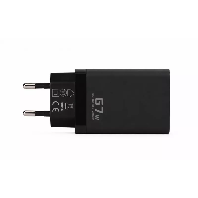 Voltage GaN laadija 67 W seinakinnitusega, PD 3.0 / QC 3.0, 2x USB-C ja 1x USB-A, EL-pistik, must