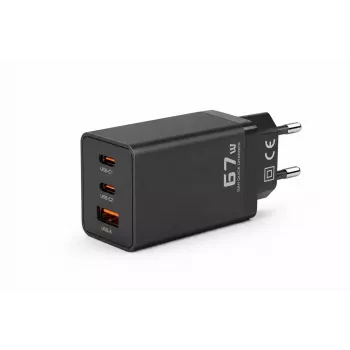 Voltage GaN laadija 67 W seinakinnitusega, PD 3.0 / QC 3.0, 2x USB-C ja 1x USB-A, EL-pistik, must