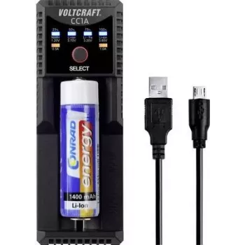 VOLTCRAFT CC1A universaalne ümmarguste akude laadija NiMH, Li-Ion, LiFePO4, NiCd - 1 pesa, USB toide, toetab AA, AAA, C, 10440, 14500, 16340