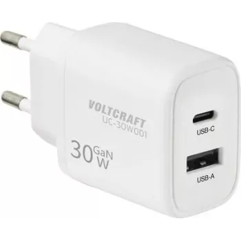 VOLTCRAFT UC-30W001 GaN USB seinatäitur 30W, 1x USB-C PD 3.0 + 1x USB-A Quick Charge, valge VC-17942310