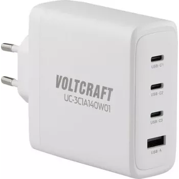 VOLTCRAFT UC-3C1A140W01 GaN USB laadija 140W PD 3.1, 3x USB-C, 1x USB-A, valge