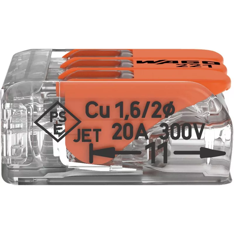 WAGO 221-413 COMPACT ühendusklamber, 3 juhtmega, 0,2–4 mm², läbipaistev, 50 pakki