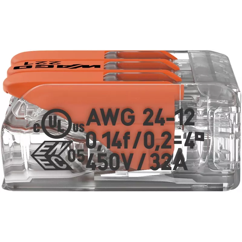 WAGO 221-413 COMPACT ühendusklamber, 3 juhtmega, 0,2–4 mm², läbipaistev, 50 pakki