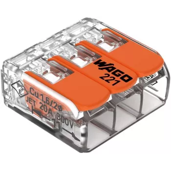 WAGO 221-413 COMPACT ühendusklamber, 3 juhtmega, 0,2–4 mm², läbipaistev, 50 pakki