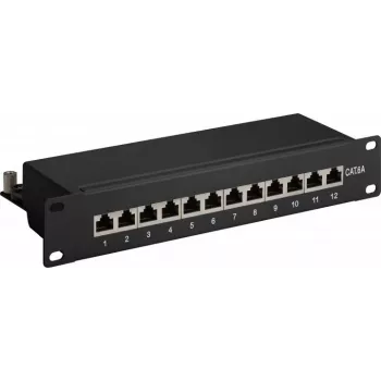 Wentronic Goobay 93796 Cat6a varjestatud 12-pordiline patch-paneel, 1U 19-tolline rack-kinnitus, must