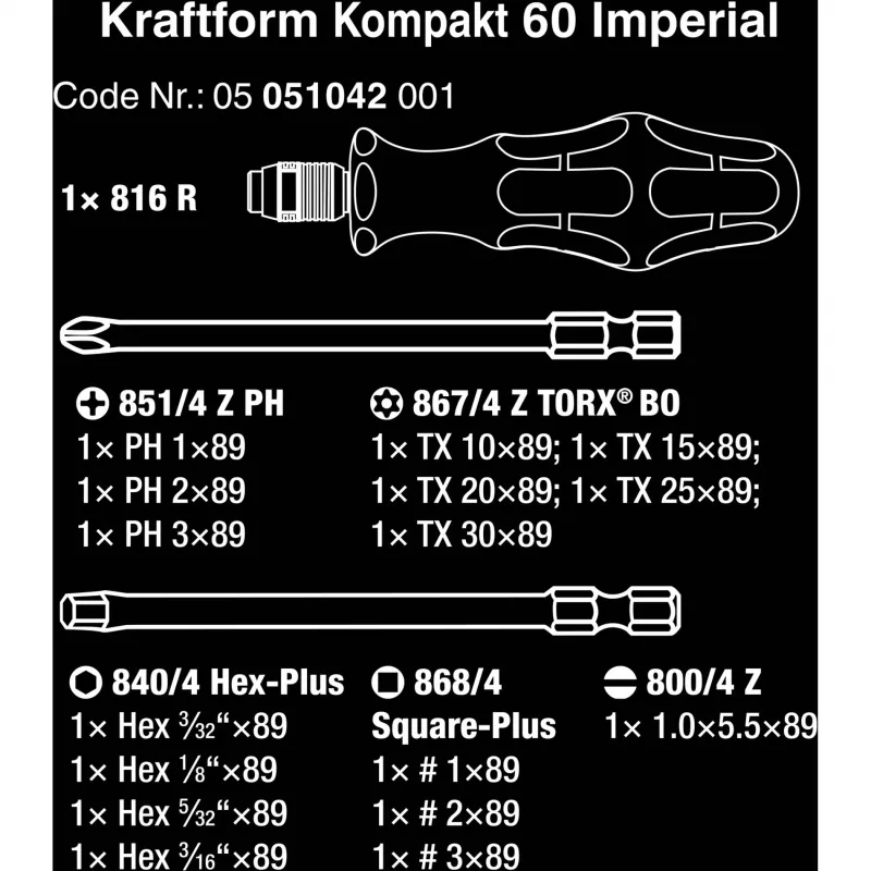 Wera 17-osaline Kraftform Kompakt 60 otsakute komplekt, pilu-, Phillips-, Pozidriv-, TORX BO 05051042001