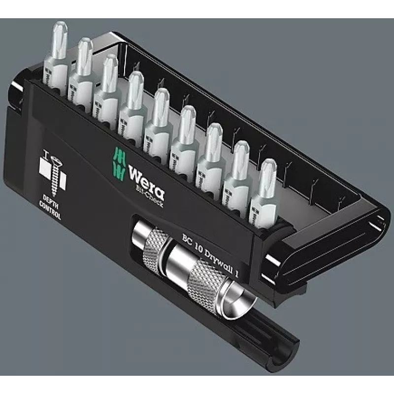 Wera Bit Set Bit-Check 10 Drywall 1, 10-osaline, Phillips PH 2, 25 mm, Rapidaptor kiirvabastusega hoidik, sügavuspiirik, torsioonbitsid
