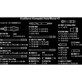 Wera Kraftform Kompakt H 1 Woodcraft kruvikeeraja käepide 12 segatud otsikuga - Hex, Phillips, Pozidriv, Torx
