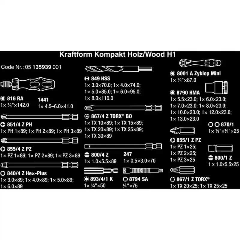 Wera Kraftform Kompakt H 1 Woodcraft kruvikeeraja käepide 12 segatud otsikuga - Hex, Phillips, Pozidriv, Torx